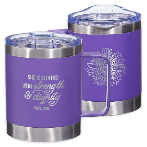 She is Clothed with Strength & Dignity Proverbs 31 Woman Purple Sunflower Camp Style Travel Mug for Women (11 oz Double Wall Vacuum Insulated Coffee Mug with Lid and Handle)