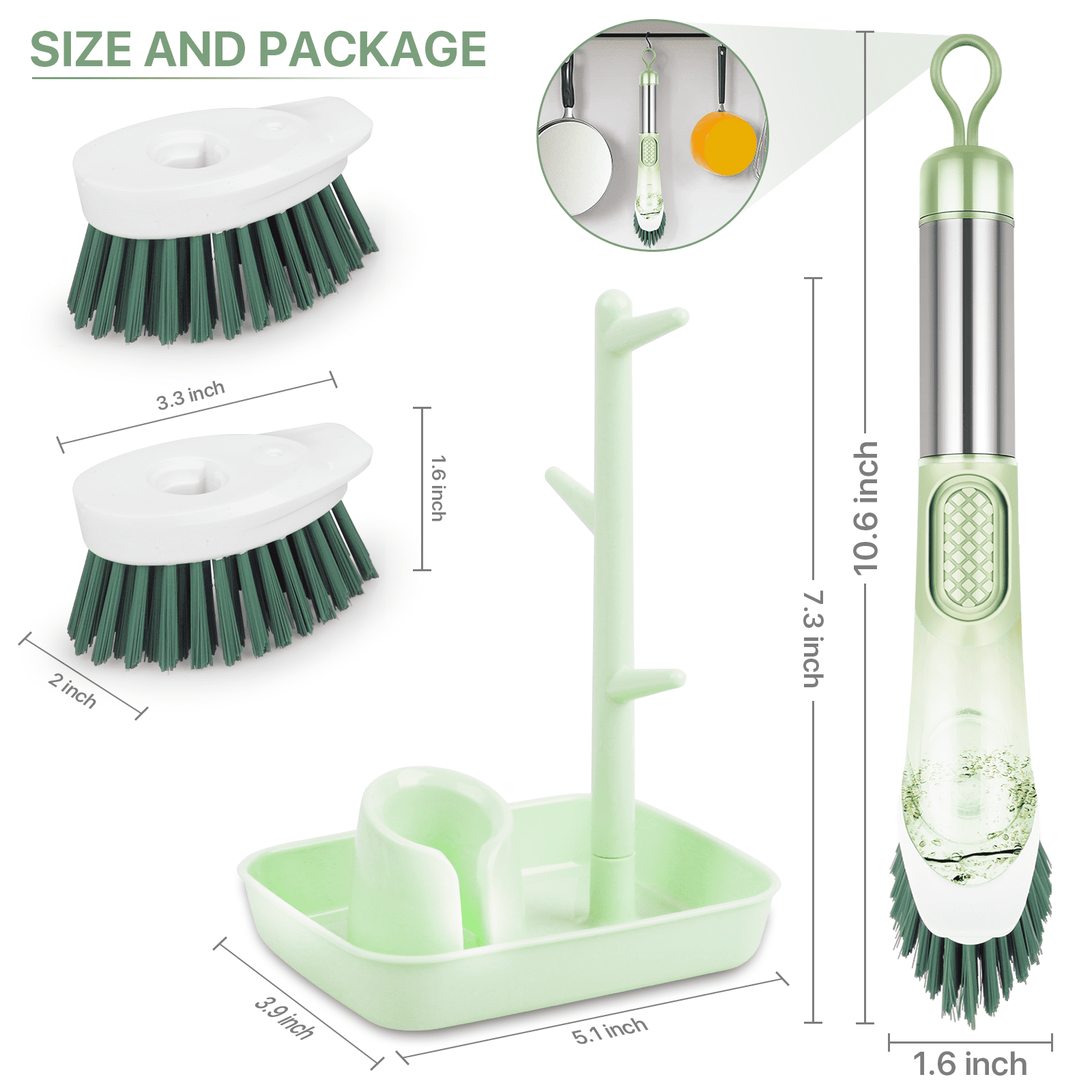 Taihexin Dish Brush with Soap Dispenser, Dish Scrubber with 3 Strong  Bristle and 3 Sponge Brushes, Kitchen Cleaning Brush Dish Wand for Dishes,  Pots, 1 Handle and 6 Refill Replacement Head 