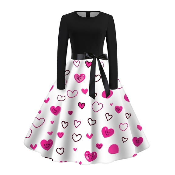 Women's Valentine's Day Retro Festive Printed Round Neck Evening Dress With Full Swing Skirt