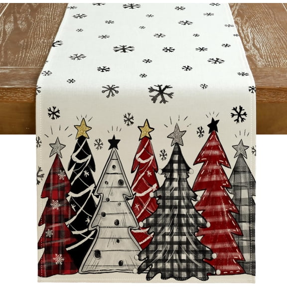 Christmas Table Runner 13x72 Inch, Xmas Tees Snowflakes Holiday Decorative Farmhouse Table Decoration for Kitchen Dinning, Indoor Outdoor Dinner Party Decor ((Red & Black) GT165-72