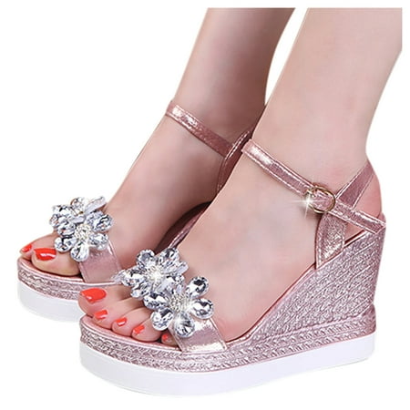 

DAETIROS Sandals for Women- Daily Thick Bottom Flower Rhinestones Summer 0pen Toe Womens Sandals Pink Size 5.5