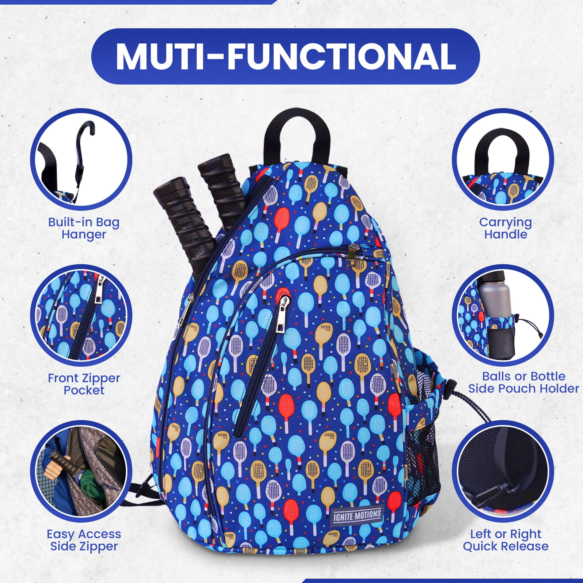 Ignite Motions Pickleball Sling Bag for Women and Men - Backpack with Fence Hook - Crossbody - Waterbottle Holder