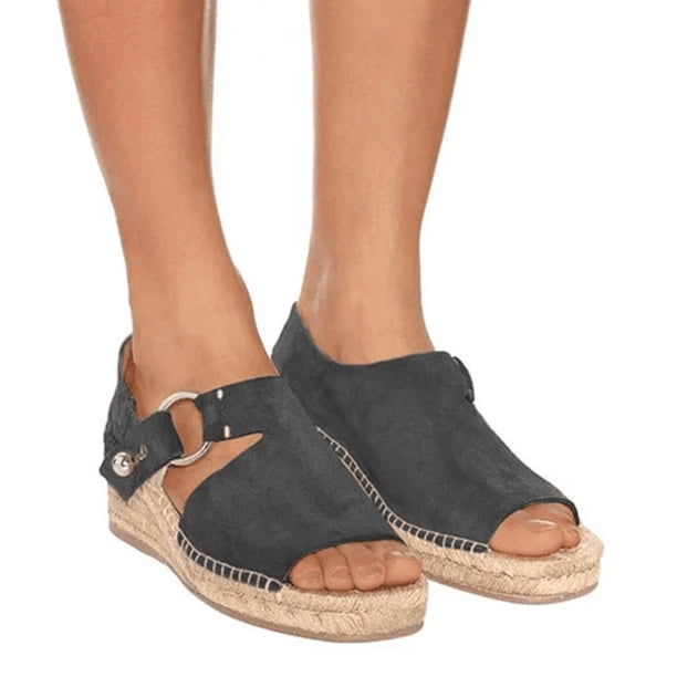 Sandalias de punta abierta con cuña y suela de cuerda de cáñamo con hebilla vintage informal para mujer, zapatos para mamá Wmkox8yii nm1122