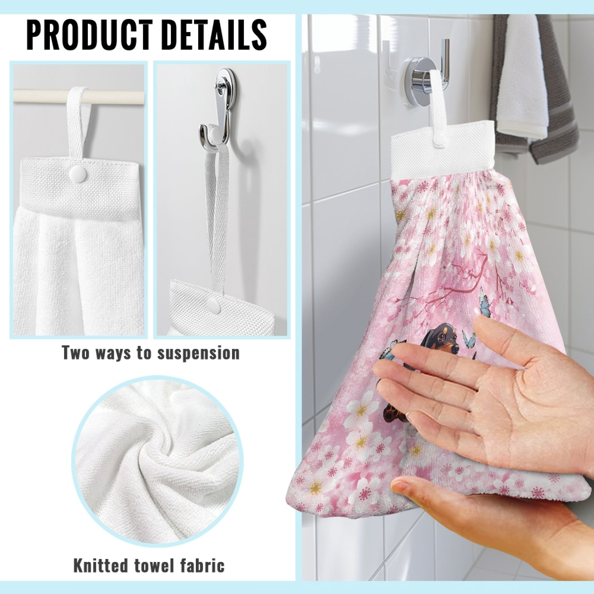 ZIATUBLE Cherry Blossom Kitchen Hanging Towels Dachshund Butterfly Hand Towels Loop Pack of 3 Absorbent Hand Towels for Bathroom Lightweight Dish Towel Hand Towels Soft Dish Tie Towel