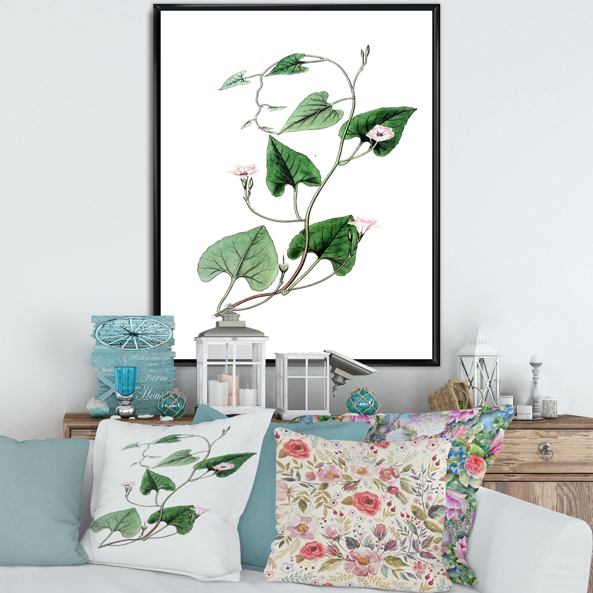 Designart 'Ancient Green Leaves Plants IX' Traditional Framed Canvas Wall Art Print