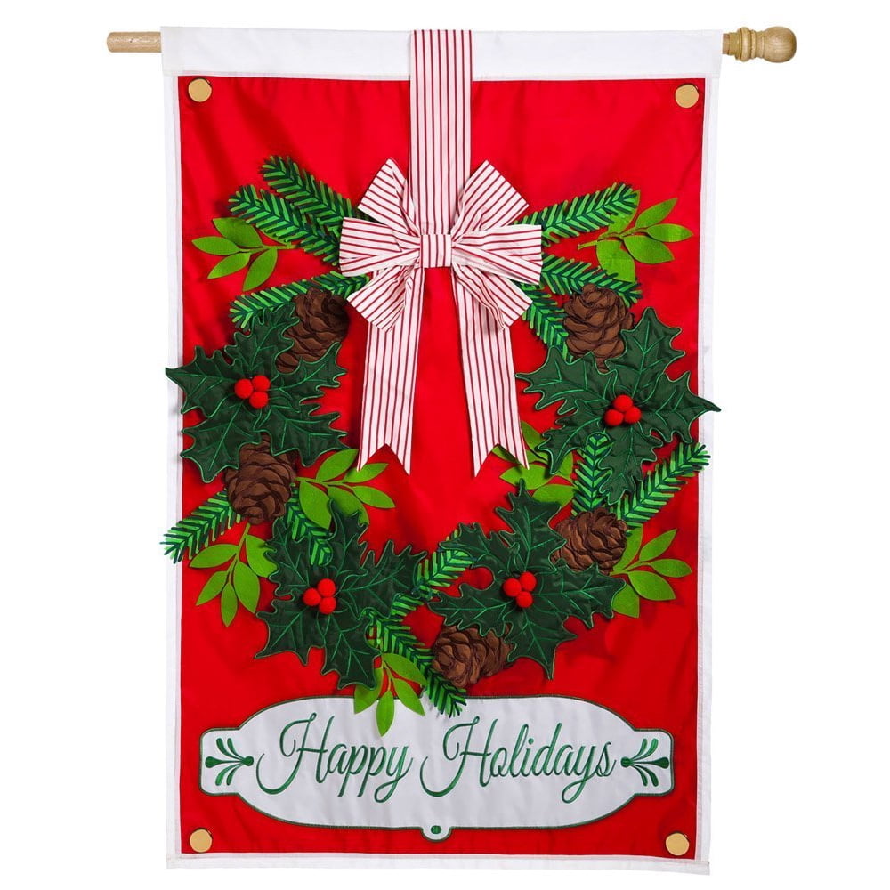 Evergreen Holiday Wreath Applique House Flag, 28 x 44 inches,