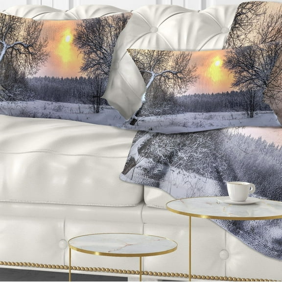Designart Winter Landscape with Yellow Sun - Landscape Printed Throw Pillow - 12x20