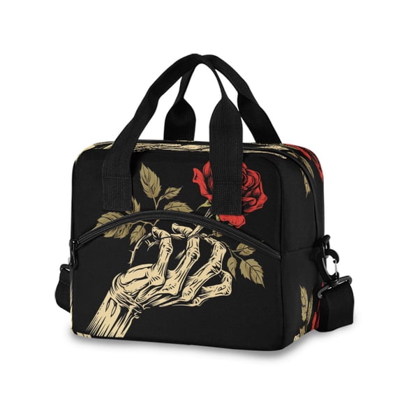 joogoo Rose on Skull Hand Insulated Lunch Bags Reusable Cooler Box with Shoulder Strap