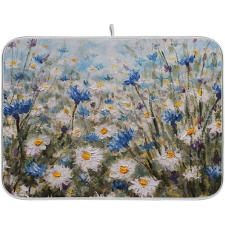 

Absorbent Dish Drying Mat for Kitchen Counter - Oil Painting Flowers Microfiber Drying Pad Reversible Drainer Mats for Countertop Small 16 x 18