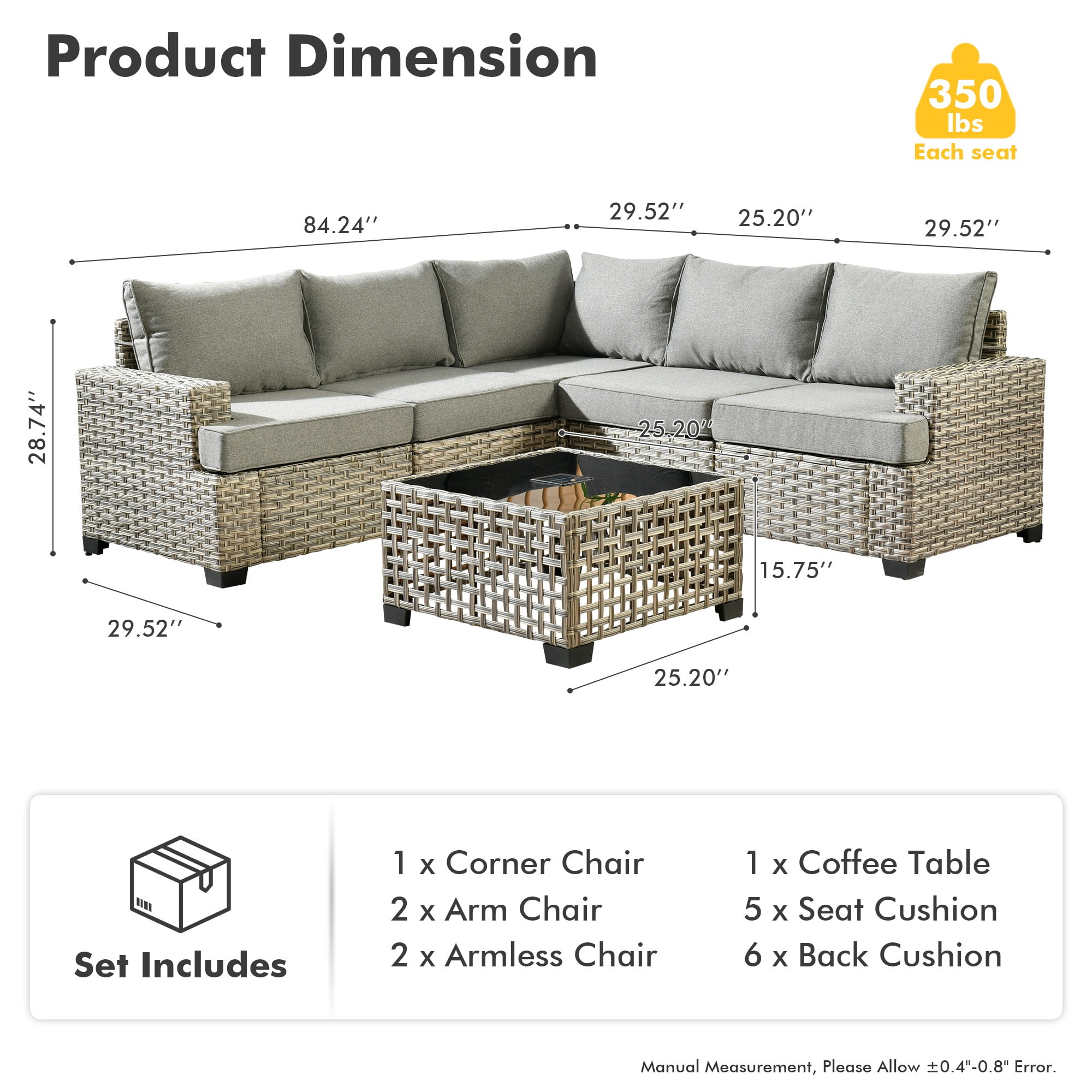 XIZZI 6-Piece Outdoor Patio Sectional Furniture Sets, Wicker Patio furniture with Coffee Table and Cushions, Waterproof Outdoor Conversation Set for Balcony, Porch, Backyard, Dark Gray