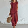 thumbnail image 2 of Linen Sets for Women 2 Piece Petite Asymmetrical Slit Button Cap Sleeve Tops and Wide Leg Pants Set Matching Outfit Wine S, 2 of 3