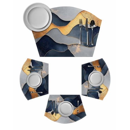 Gold Blue Gray Marble Round Placemats Set of 6, Modern Abstract Aesthetic Art Placemats for Round Dining Table Shape Wedge Placemats for Outdoor Indoor Wipeable Clean Table Place Mats