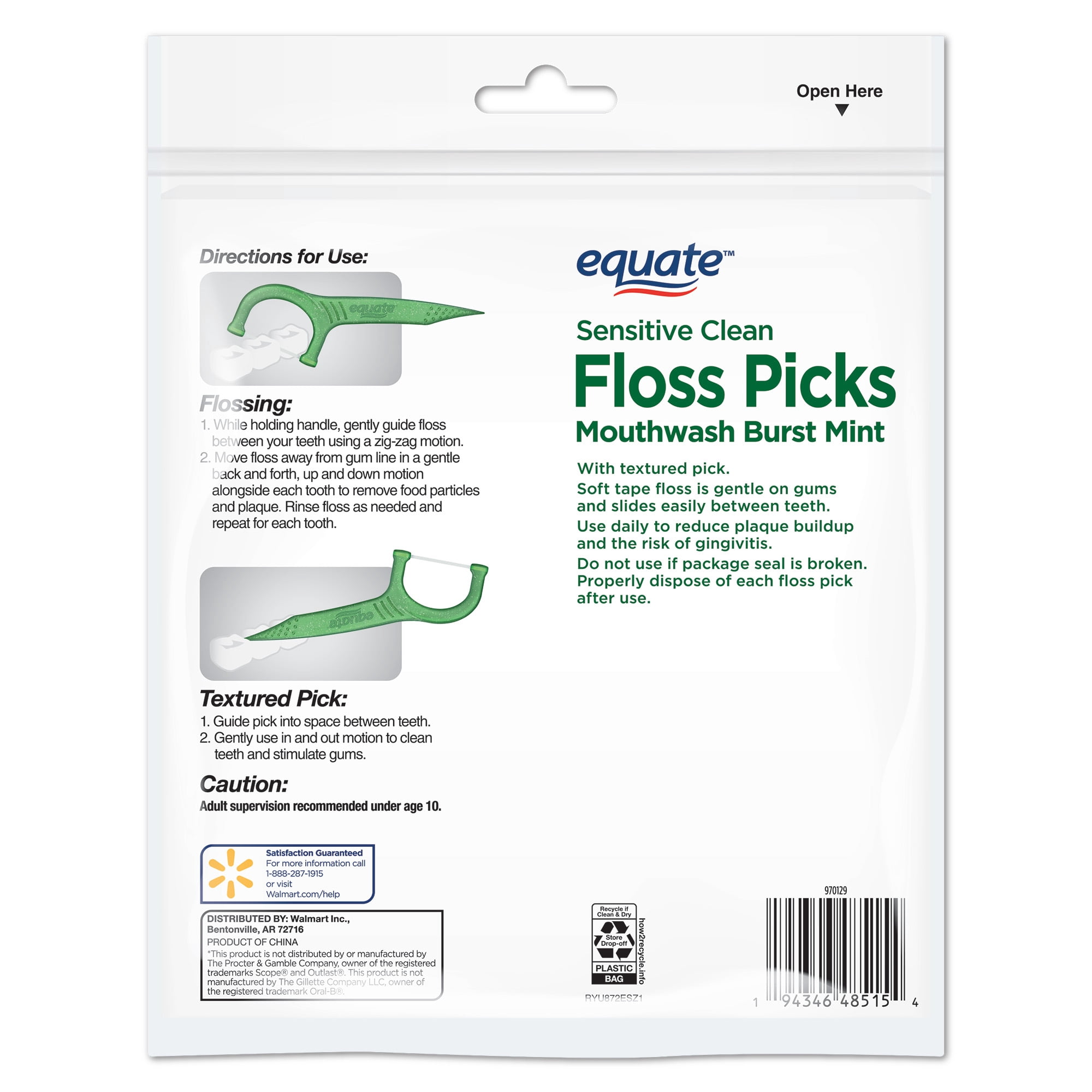 Equate Sensitive Clean Floss Picks, Mouthwash Burst Mint, 300 Count