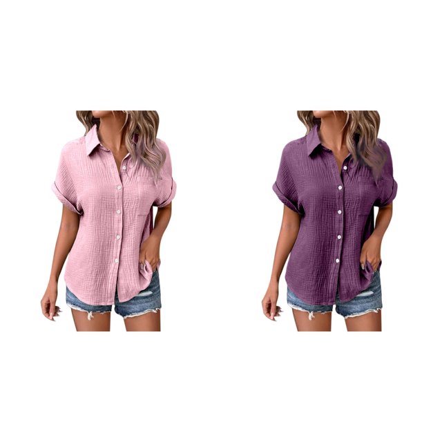 (2-Pack) Rinsvye Womens Casual Batwing Sleeve Button Down Short Sleeve Shirt Pure Color Oversized Blouse Summer Breathable Top Daily Wear Loose Fit Ladies Apparel