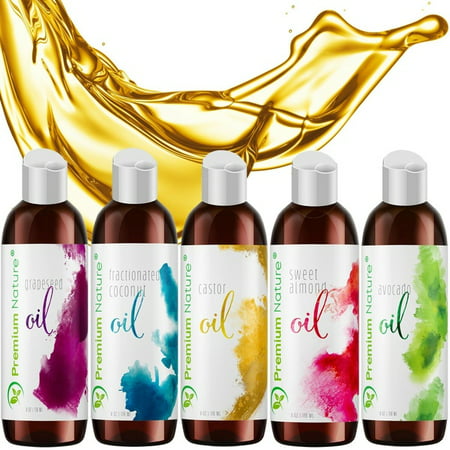 Premium Nature Carrier Oil Gift Set of Five Variety Pack Coconut Oil Castor Oil Grapeseed Oil Avocado Oil Almond Oil 4 oz (Best Carrier Oil For Massage)