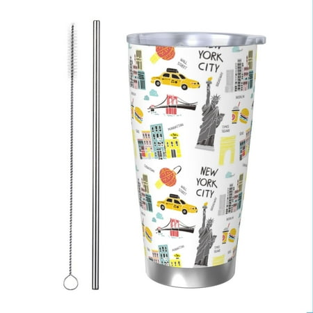 

Zeuib New York Printed 20oz Stainless Steel Insulated Car Cup Stainless Steel Thermal Cup Vacuum Insulated Leak-proof Travel Mug Cup-Straw Two-piece Set