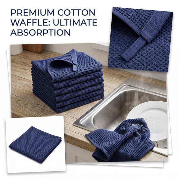 Smiry 100% Cotton Waffle Weave Kitchen Dish Cloths, Ultra Soft Absorbent Quick Drying Dish Towels, 12x12 Inches, 6-Pack,Dark Blue