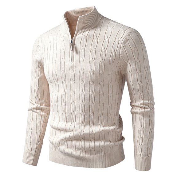 TOUMENY Men Winter Half Zip Sweater Casual Soft Comfy Knit Pullover Long Sleeve Solid Slim Crew Neck Basic Warm Fall Tops Beige XXXL