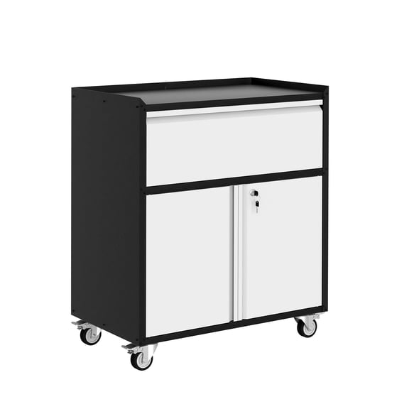 Metal Storage Cabinet. Rolling Tool Cabinet with 2 Adjustable Shelves. Pegboard. Locks & 4 Wheels. Sturdy & Rust Resistant Tool Cart for Garage. Workshop. Black