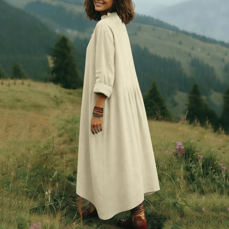gakvbuo Summer Linen Dress For Women Maxi Dress Popover Dress Women's Linen  Loose V-Neck Lace Long Sleeved Dress - Walmart.com