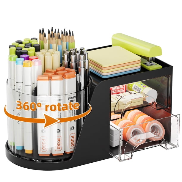 Organizador de escritorio Marbrasse con 2 cajones, soporte para bolígrafos giratorio de 360°