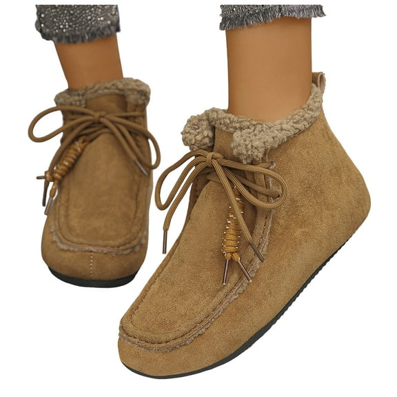 Rokment Winter Snow Boots for Women with Fleece Lined Warm Fashion Casual Suede Flat No Heel Walking Ankle Booties Brown Size 6.5