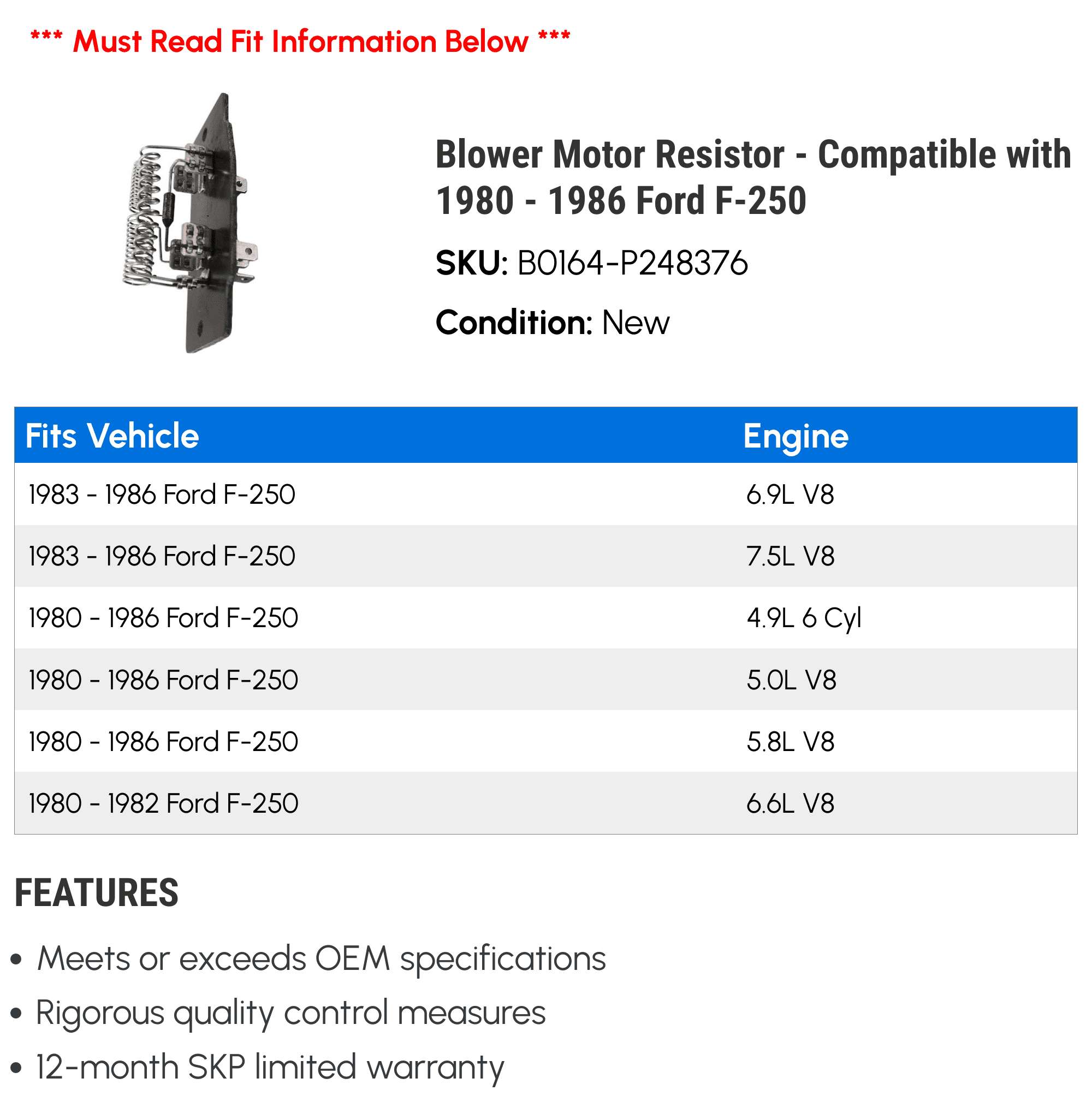 Blower Motor Resistor - Compatible with 1980 - 1986 Ford F-250 1981 1982 1983 1984 1985