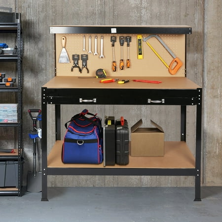 

Wood Work Benches with Tool Storage Workbenches with Peg Board and Drawers for Home Commercial Garage Shop 300lbs Weight Capacity Black