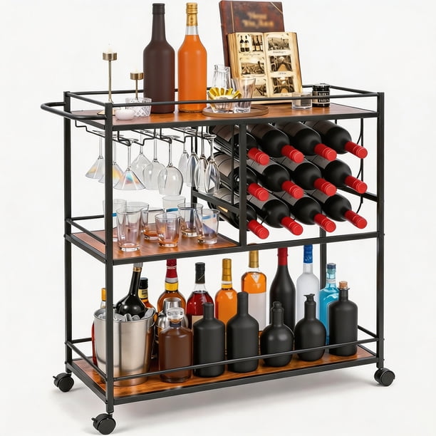 Carrito Organizador con Ruedas,Carrito Auxiliar,Carrito de Servicio Tipo Bar,Mueble Cantina Bar para Casa de 3 Niveles,Ruedas Bloqueables,para 12 Botellas y Copero,Multiusos para Cocina,Sala y Fiestas