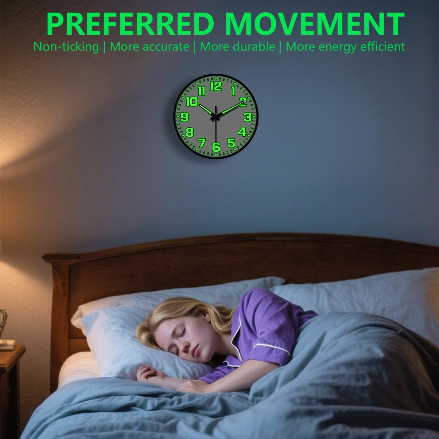 Glow in The Dark Wall Clock Non Ticking, 10 inch Silent Wall Clocks Battery Operated, Large Number Tempered Glass, Round Night Light Analog Clock for Bedroom Living Room Kitchen Office, White