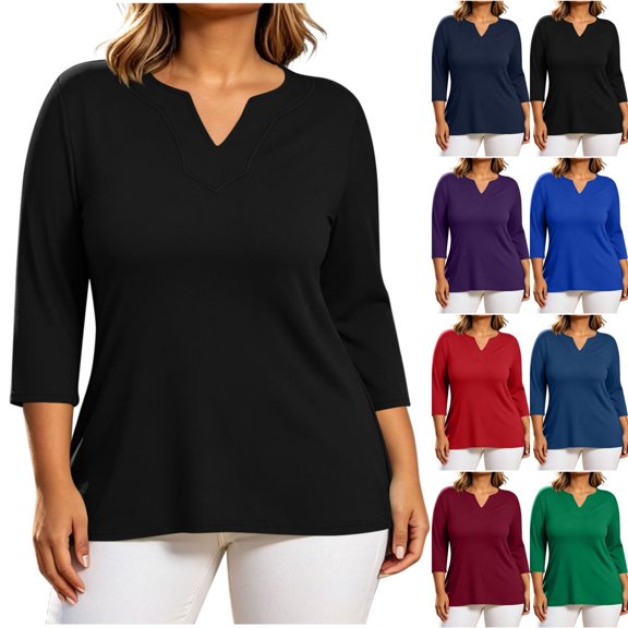 Qingpeng Womens Plus Size 3/4 Sleeve Notch V Neck Tunic Tops Dressy Casual Loose Fit Pullover Tee Shirts Solid Color Blouses