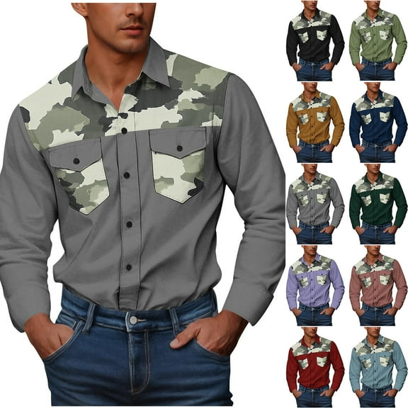 LODIENY Mens Medieval Western Shirts Vintage Camo Patchwork Print Long Sleeve Button Down Collared T-Shirts Fall Outfit Clothes Tops with Pockets Purple M