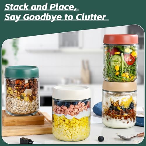 Set of 4 Glass Overnight Oats Jars with Lids, 16oz Reusable Meal Prep Containers for Chia Pudding, Baby Food, and Portable Breakfast To-Go