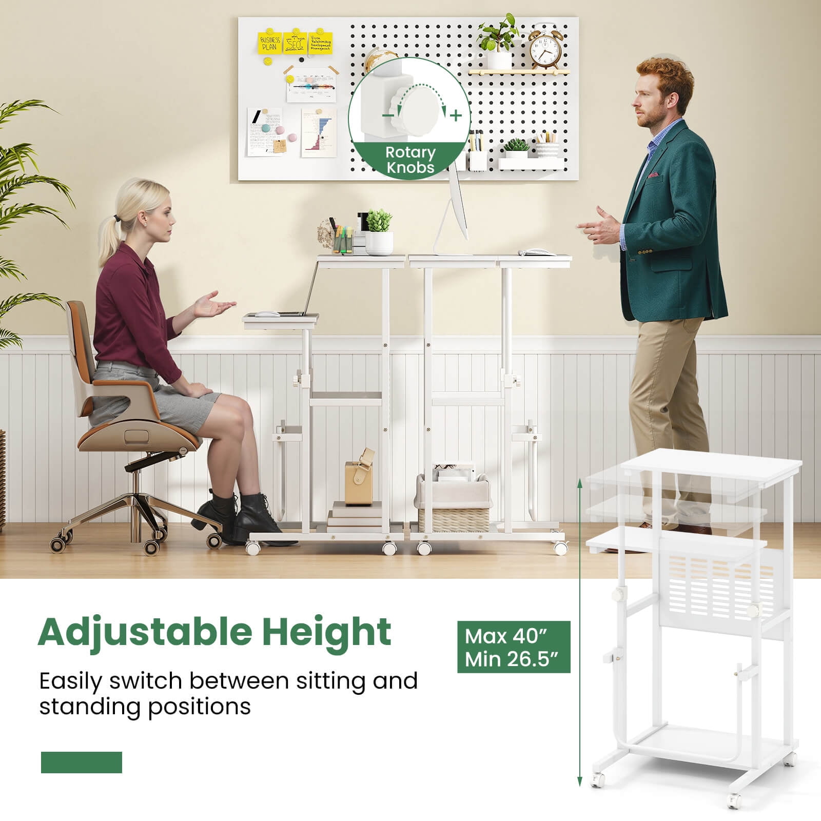 Costway Mobile Stand Up Desk Height Adjustable Computer Standing Desk with wheels &Footrest,White