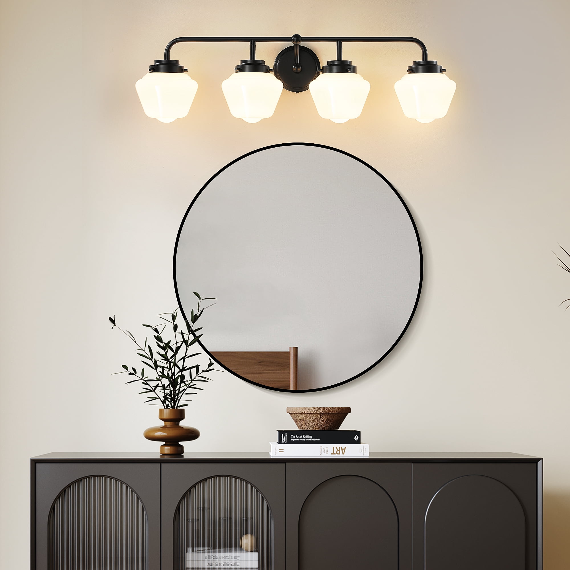 Bathroom Vanity Light Fixtures 4-Lights Black Vanity Lights Over Mirror, E26 40W Modern Bathroom Lighting Fixture with Milky White Glass for Bath Restroom