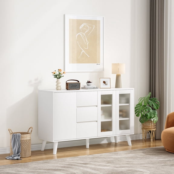 Dining Room Sideboards, Farmhouse Buffet Cabinet, 55.5" Coffee Bar with 3 Drawers and Pop-Up Doors, Large Rustic Sideboard for Dining Room, Kitchen, Hallway, and Living Room, White Wooden Sideboards