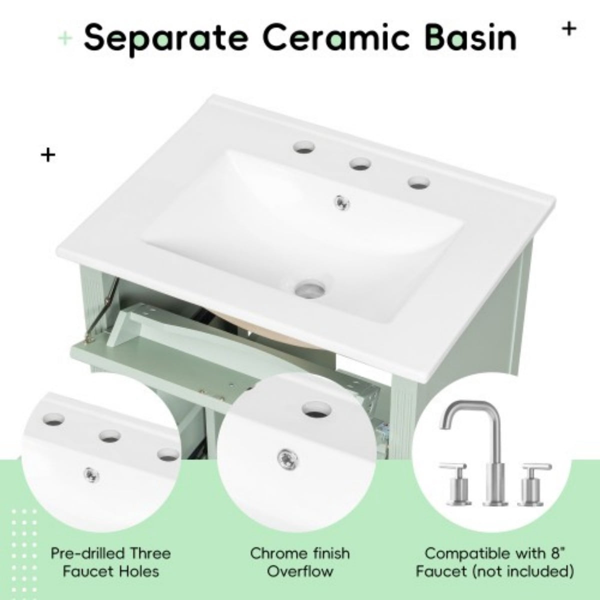 24" Bathroom Vanity with Sink, Modern Bathroom Cabinet with Ceramic Undermount Sink, Solid Wood & MDF Storage Cabinet with Flip Drawer, Adjustable Shelf, Light Green
