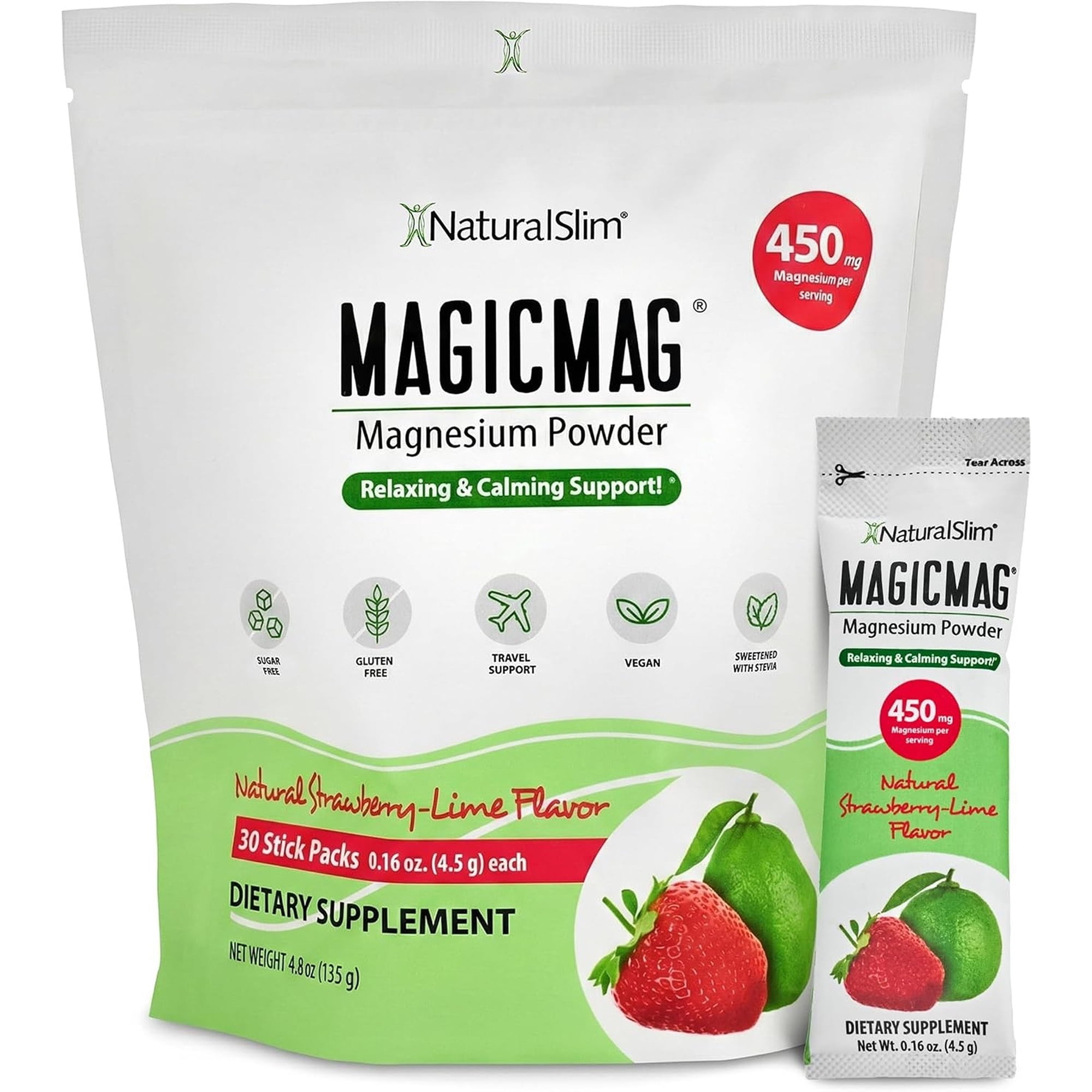 NaturalSlim Magicmag Pure Magnesium Citrate Powder – Stress, Constipation, Muscle, and Heart Support | Magnesium Supplement Drink Mix Strawberry Lime 0.16 Ounce, 30 Stick Packs