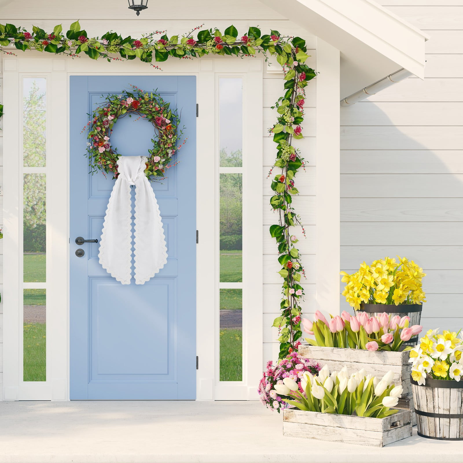 1 Pcs Scalloped Wreath Sash for Front Door Ruffle Wreath Ribbon Bow for Yard Porch Garland Home Decor(White)