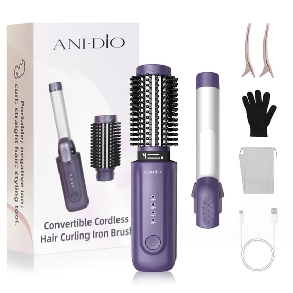 Cordless Curling Iron Brush, 2-in-1 Travel Set, Portable Heat, Rechargeable for Curl, 4 Temperature Levels, Purple