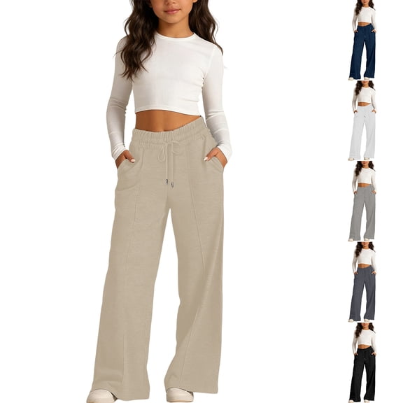 Letdown Girls' Solid Wide-Leg Lounge Pants, Casual Front Seam Detail Elastic Waist with Drawstring and Pockets for Kids 7-14 Years