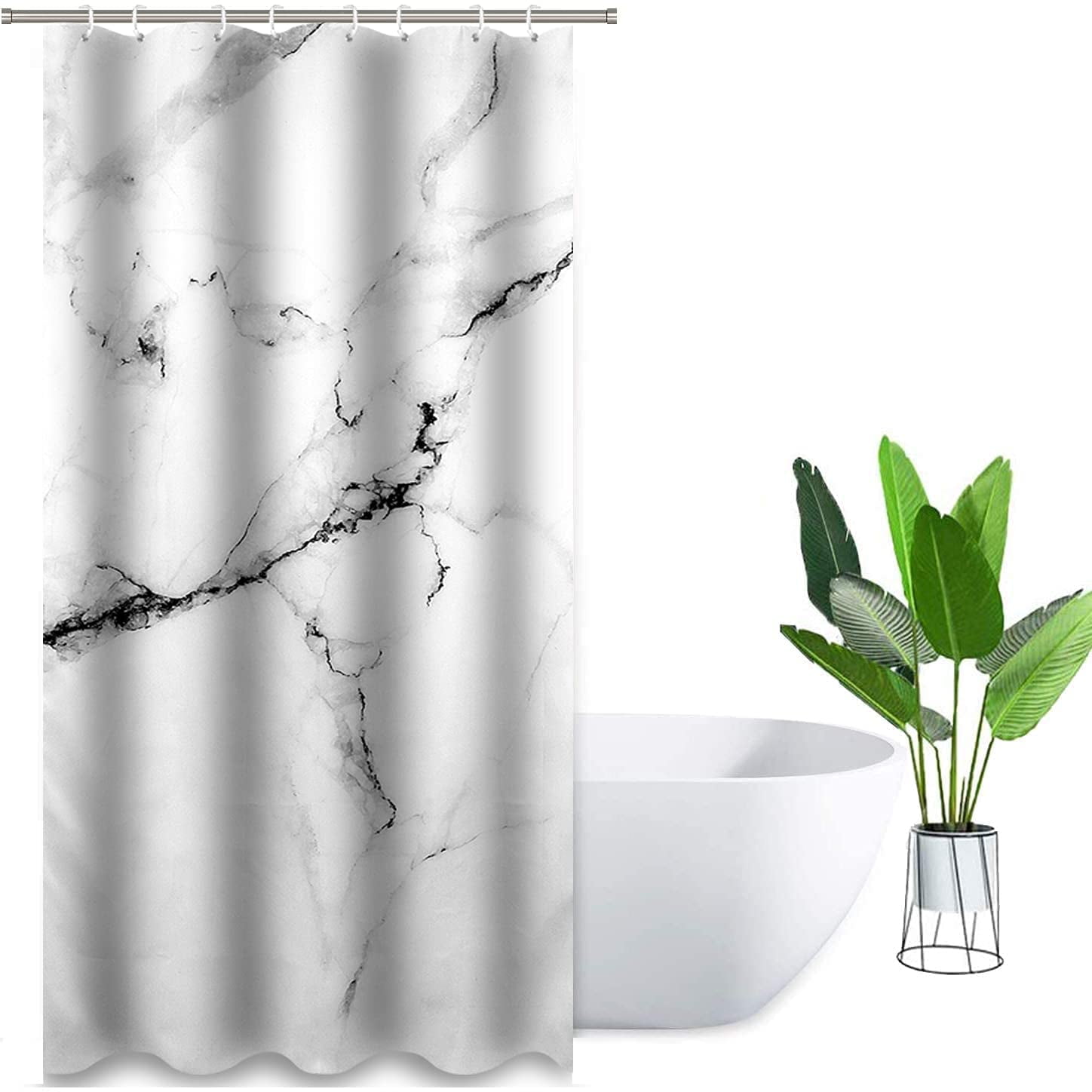 Marble Fabric Shower Curtain Extra Long White and Grey Cloth Shower