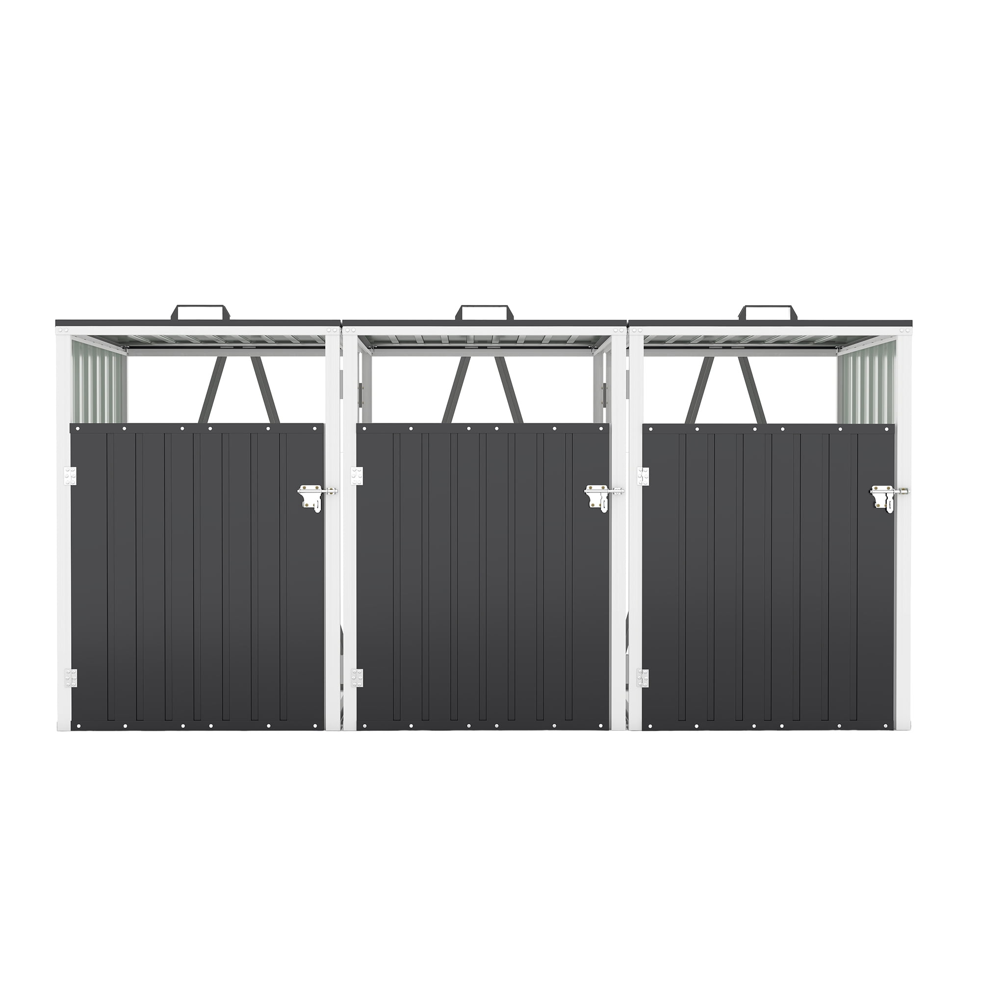 Aukfa 95.5" Outdoor Garbage Bin Storage Shed for 3 Trash Cans, Metal Horizontal Trash Can Storage with Lockable Doors & Lid Chains for Backyard Patio, Dark Gray
