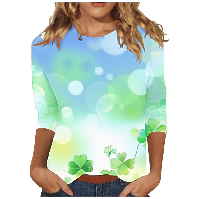 Diufon T-Shirts de la Saint-Patrick pour Femmes Décontractés Grande Taille Imprimé Trèfle Manches 3/4 Col Rond