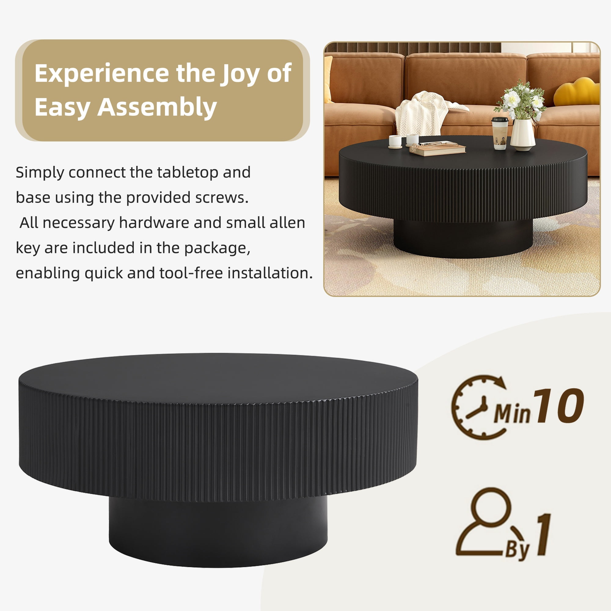 Euroco Elegant Easy Assembly Round Coffee Table with 6.8" Thick Tabletop, Modern Drum End Table, Minimalist Fluted Center Table with Sturdy Base for Living Room, Black, 31.5"W*13.7"H