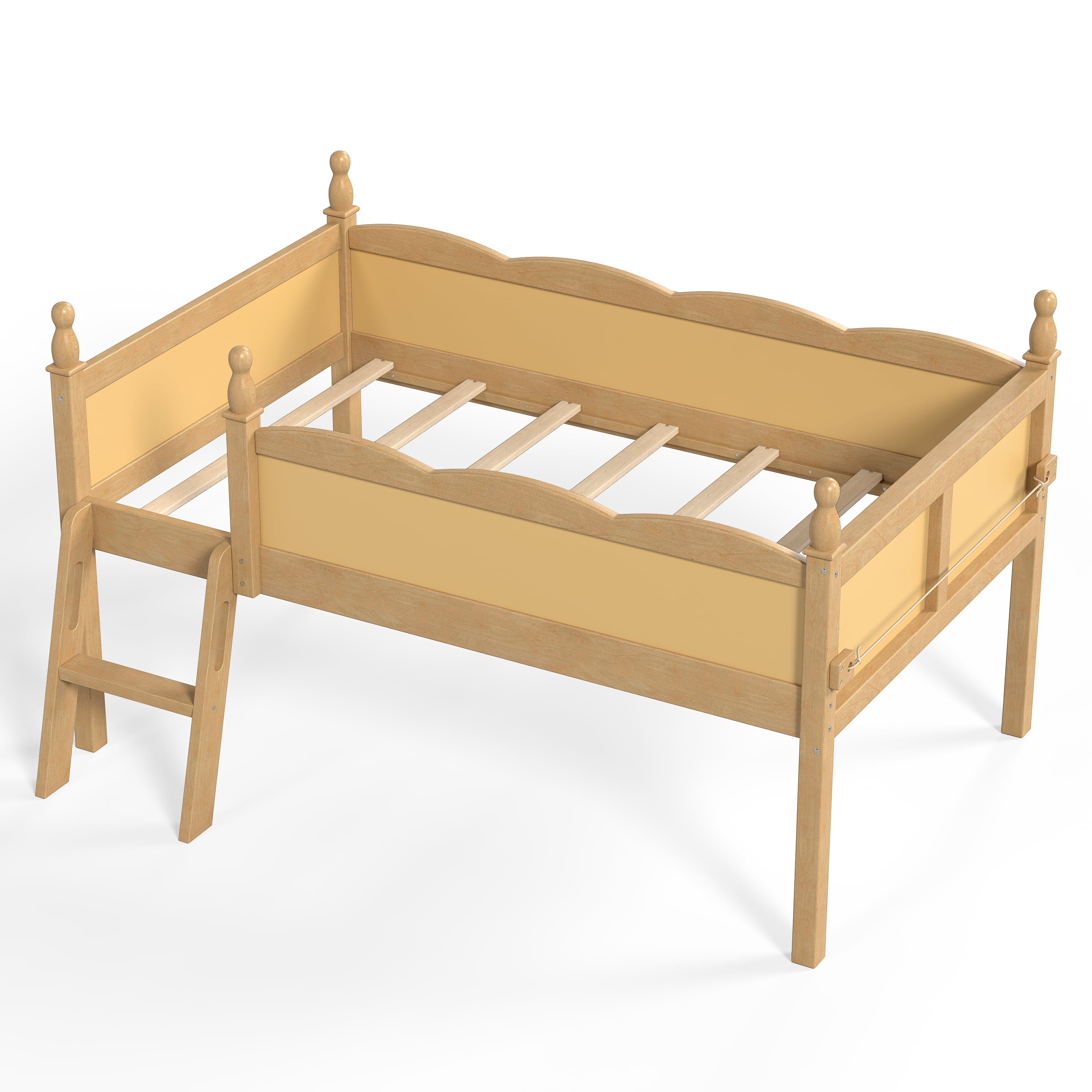 Safe Twin Size Low Loft Bed with Full-Length Guardrails and Bookshelf, Solid Wood Bed with Ladder for Kids and Teens, Natural