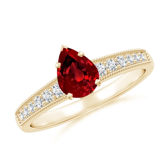 ANGARA Lab Grown Vintage Style Pear-Shaped Ruby Engagement Ring with Accents for Women in 14K Yellow Gold (Size-7x5mm) | July Birthstone, Anniversary, Jewelry Gift for Women | Lab-Grown Ruby Ring