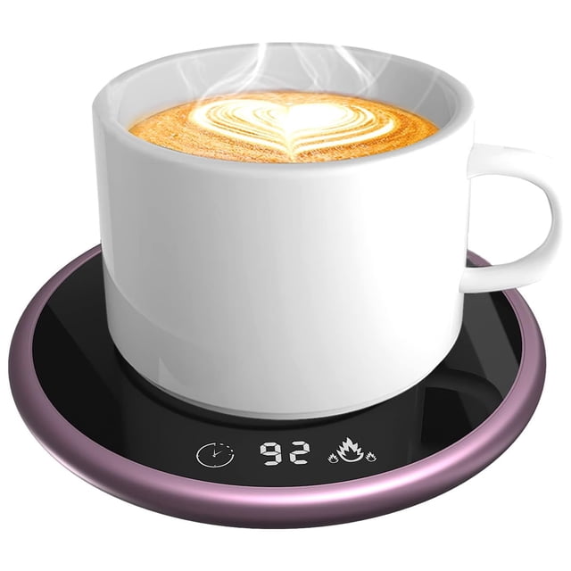 MQUPIN Mug Warmer for Desk in pink with auto shut-off feature, two temperature settings (113°F/131°F), and touch-sensitive controls. This electric beverage warmer features a microcrystalline panel, digital display, and compatibility with glass, stainless steel, and ceramic cups. Perfect for keeping coffee, tea, or other beverages warm in office or home settings.