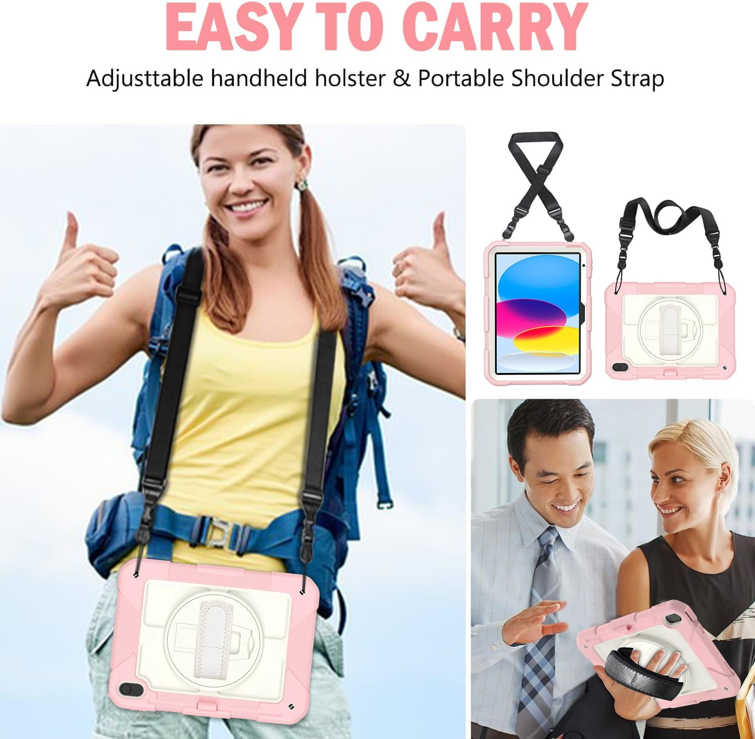 BMOUO Case for iPad (A16) 11th Generation 11" 2025/iPad 10th Generation 10.9 inch 2022, 360 Rotating Stand & Pencil Holder & Hand & Shoulder Strap Shockproof iPad 11th/10th Generation Case, Pink