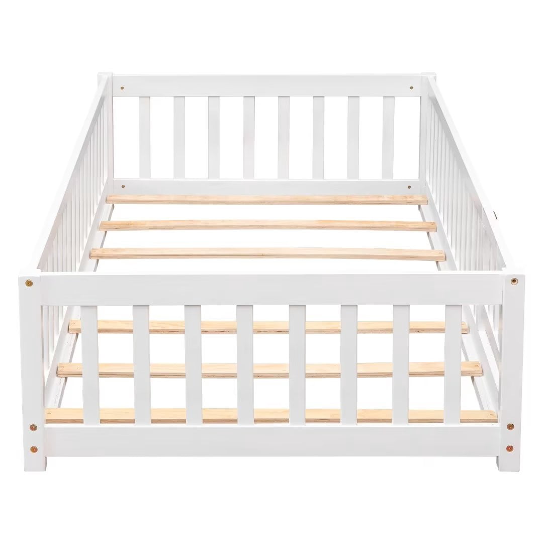 JINS & VICO Kids Twin Floor Pine Wood Platform Bed with Fence and Door, White